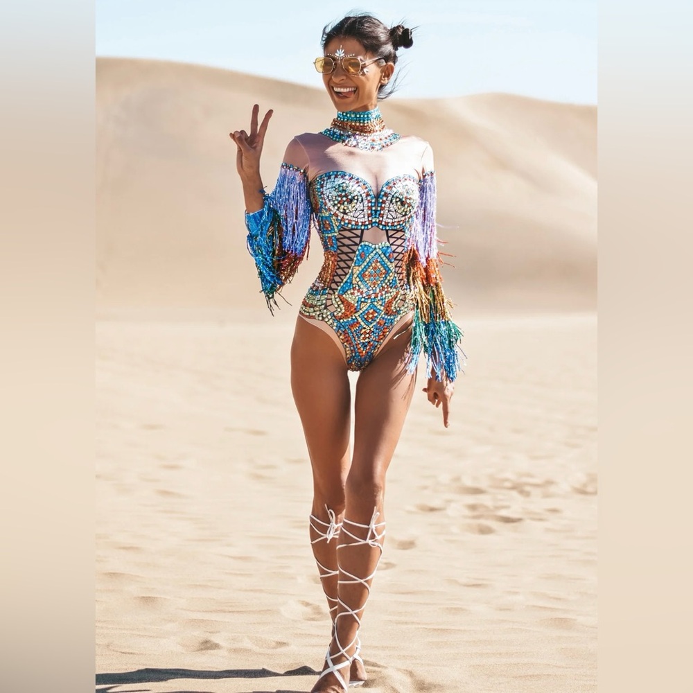 Born in Stockholm’s Simone Rhinestone & Fringe Festival Bodysuit, New with tags!